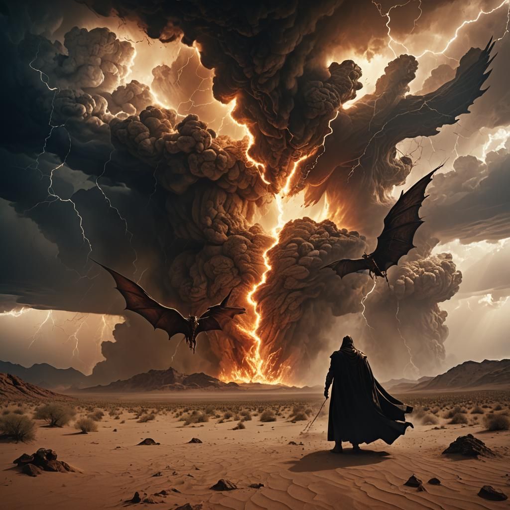 God and Devil Clash in Desert Landscape