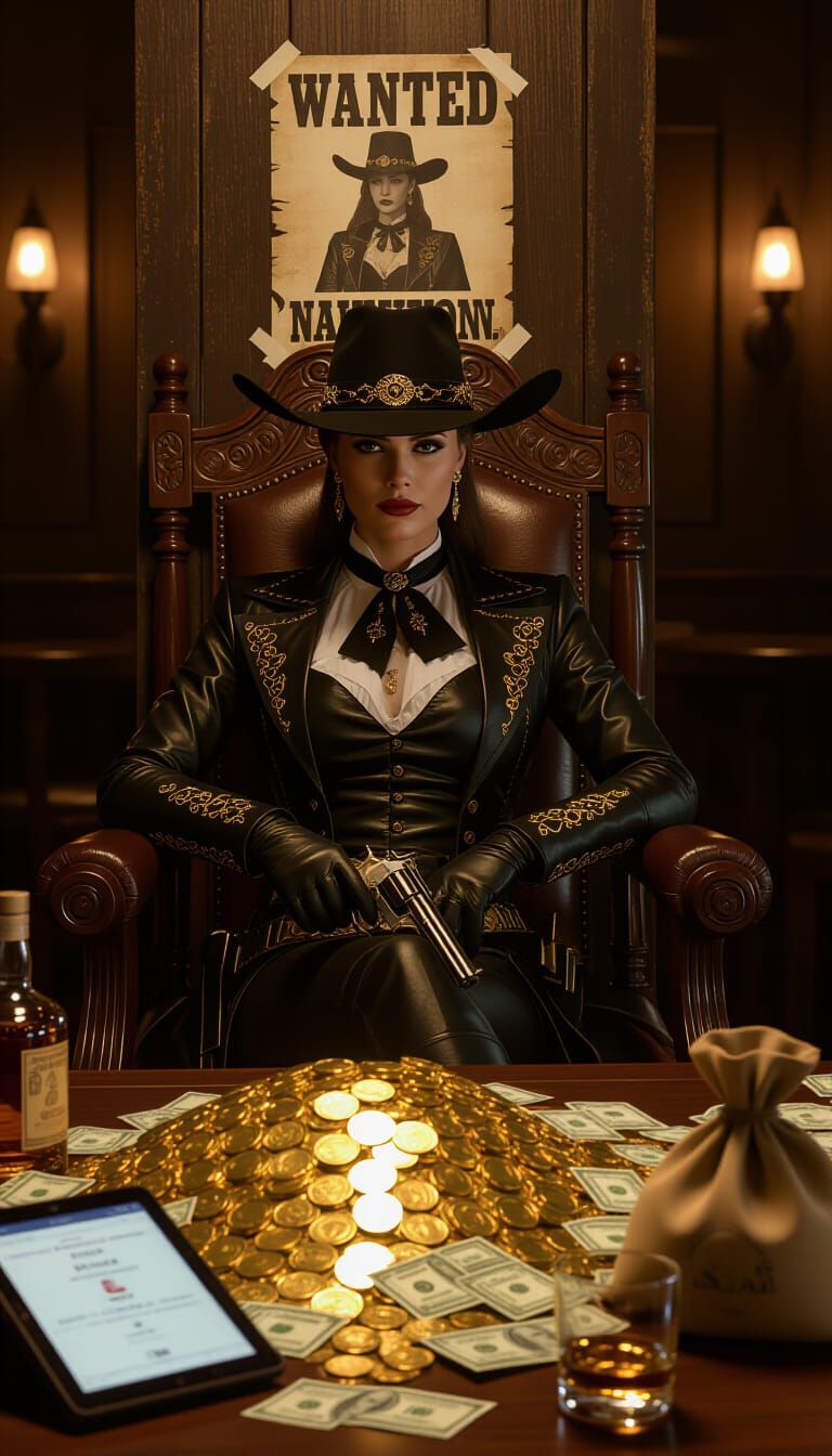 Female Gunslinger Guards Gold in Dim Saloon