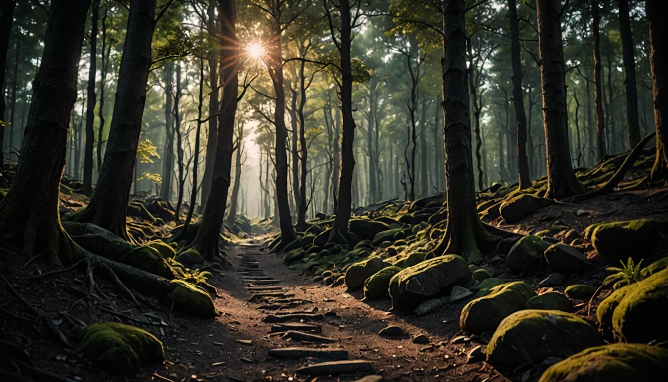 Sunlit Path Through a Sinister Forest