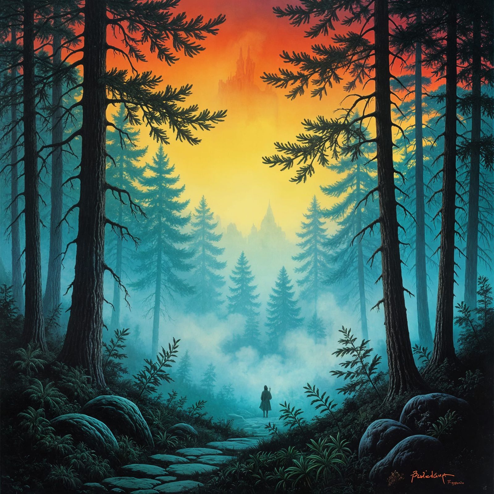 Misty Pine Forest Fantasy Illustration