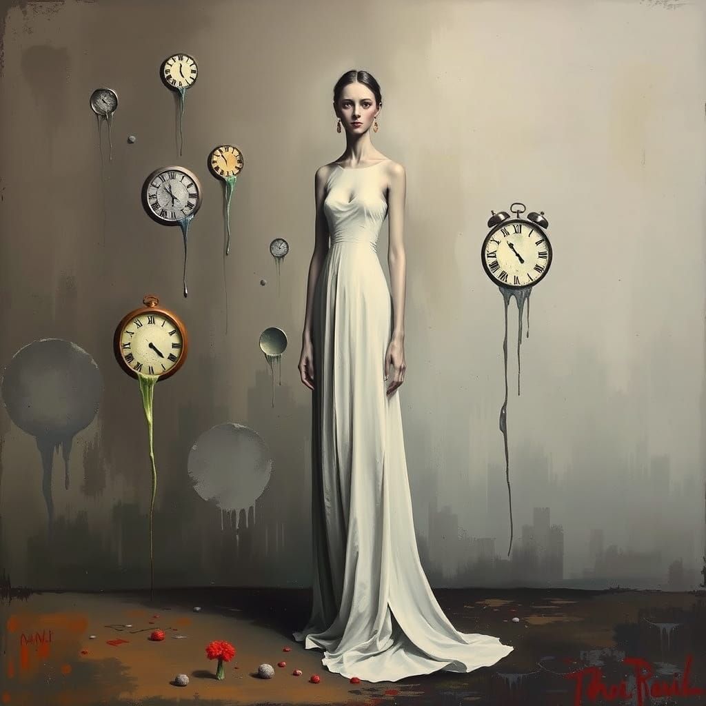 Surrealist Woman in Melting Clockscape