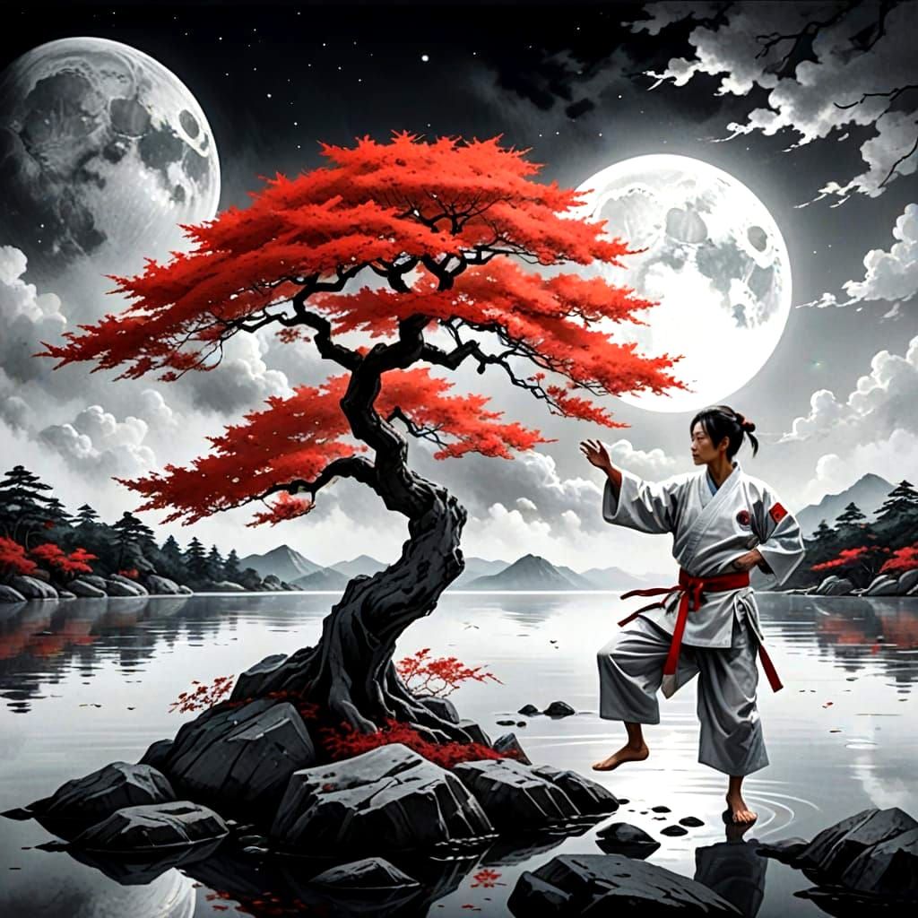 Monochrome Moonlit Landscape with Karate Practitioner