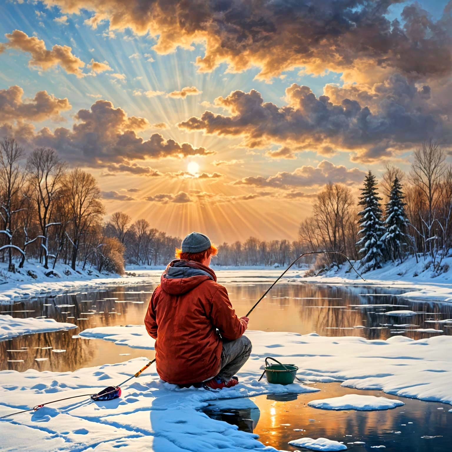 Surreal Boy Ice Fishing Scene in Soft Focus