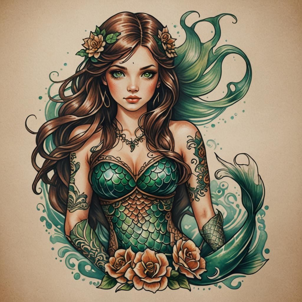 Traditional Mermaid Tattoo Design with Green Eyes
