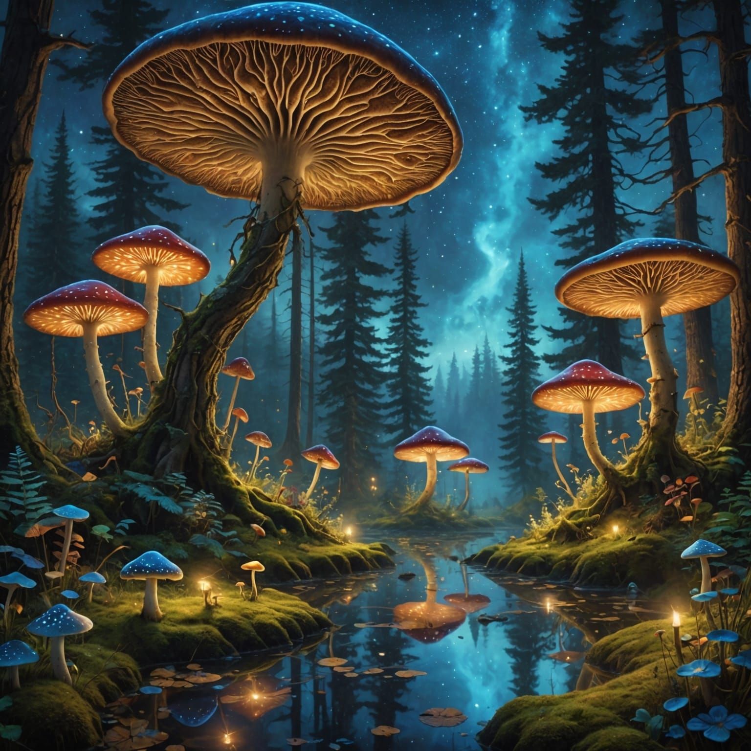 Starry Night Forest with Magic Mushrooms