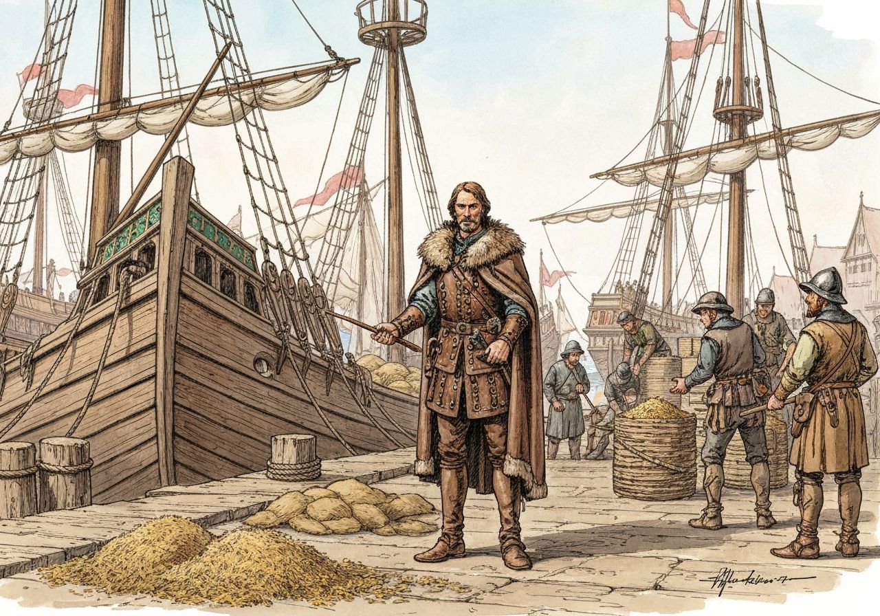 Medieval Merchant Overseeing Ship Unloading: Watercolor Illu...