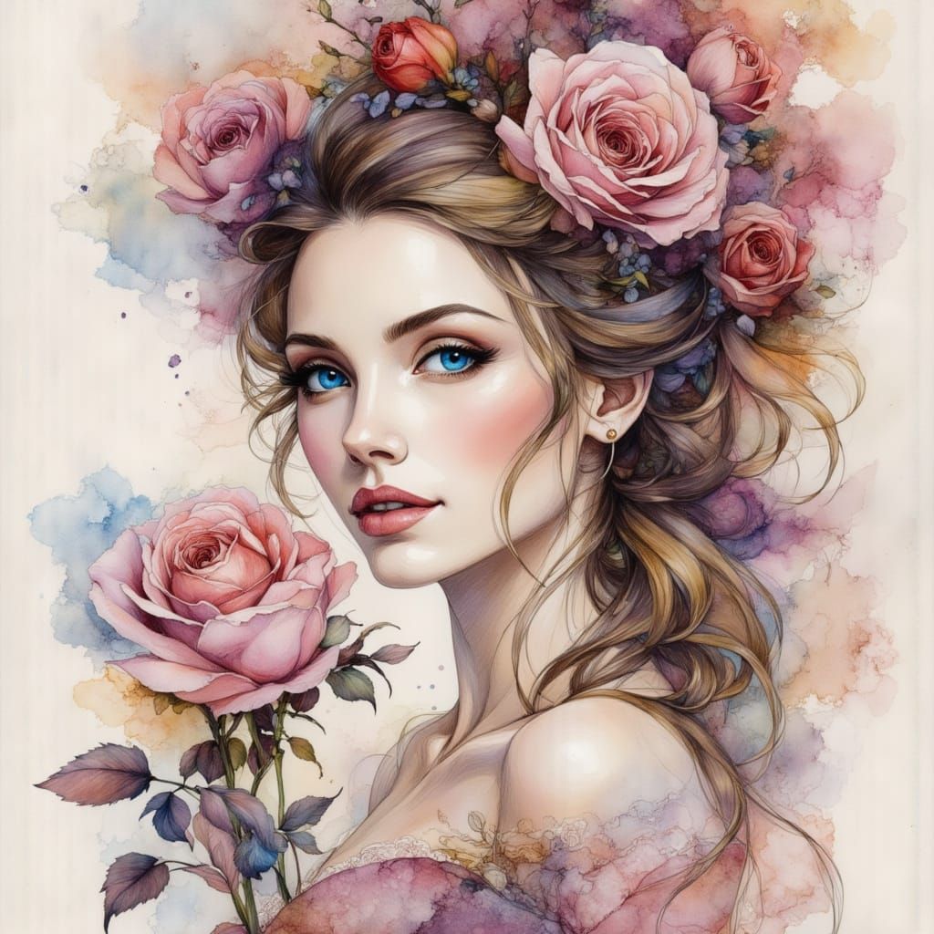 Belle with Rose in Pen and Ink Style