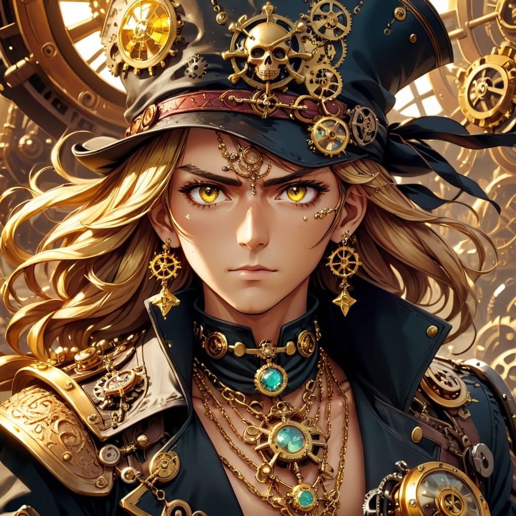 Steampunk Anime Pirate Captain with Gold Accents