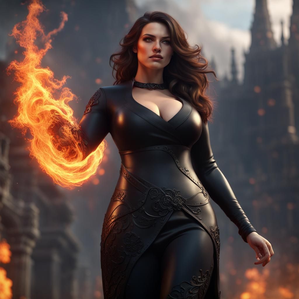 Brunette Woman Conjuring Firestorm in Digital Painting