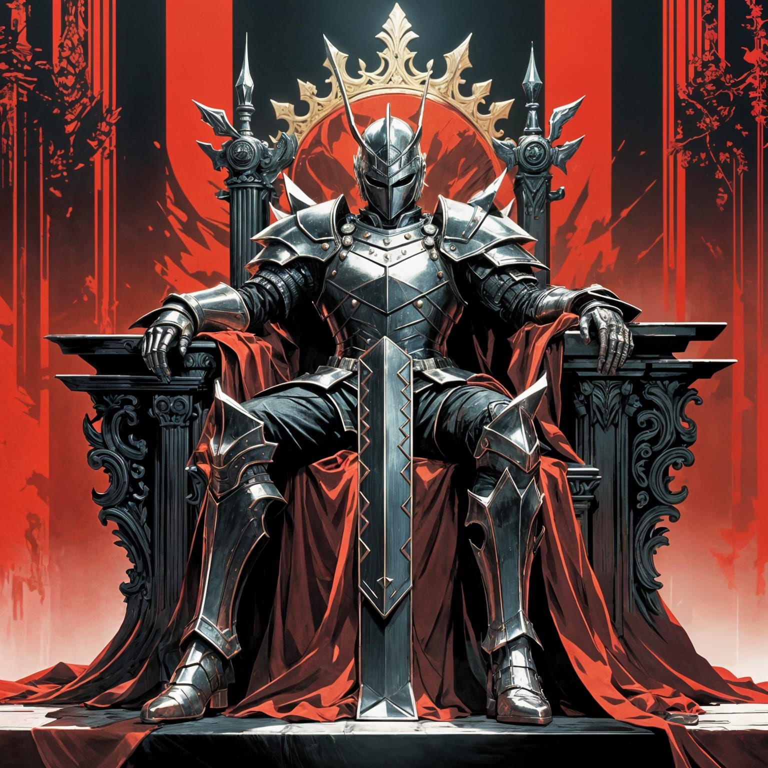Dark Fantasy Knight on Throne, Manga Style