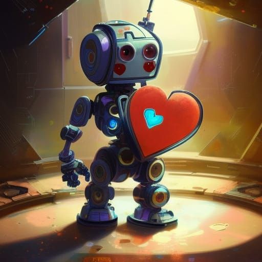 Robot with Heart Sign in Dark Fantasy Style