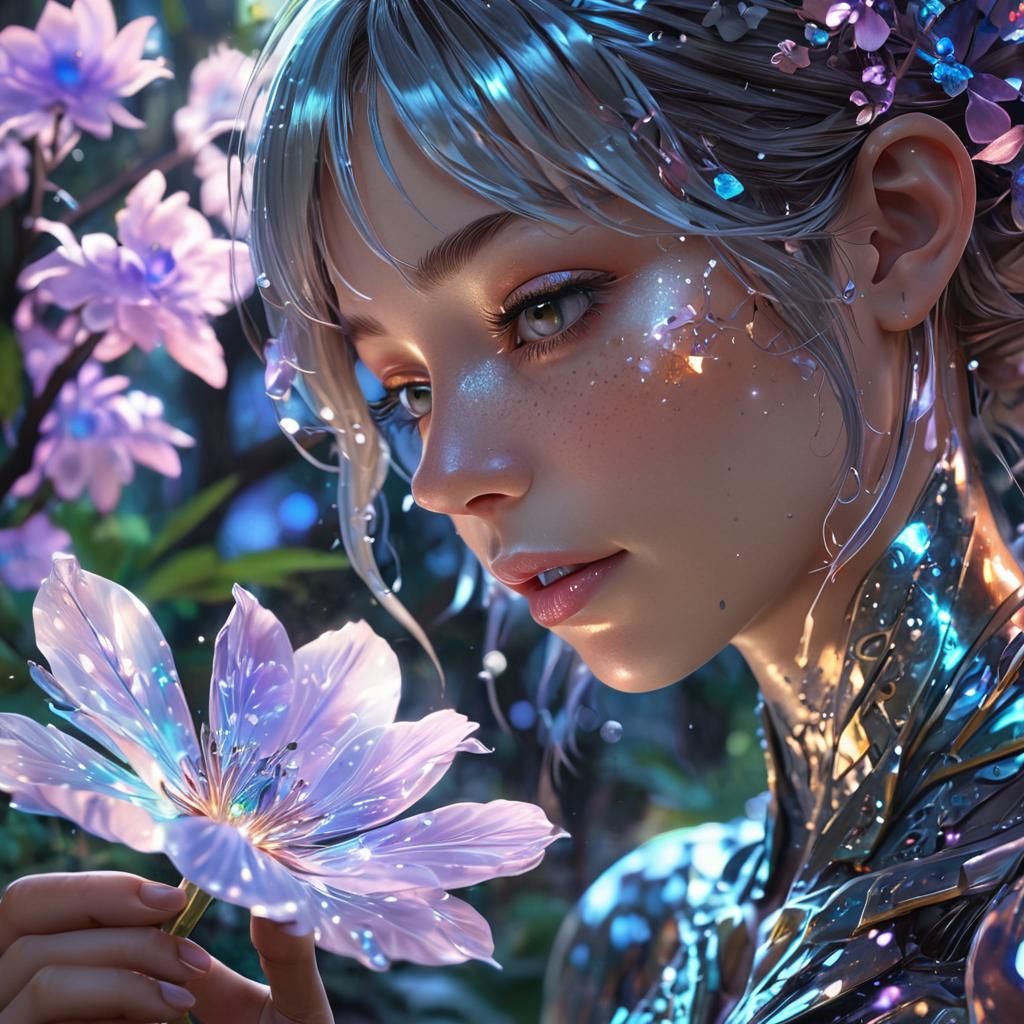 Ethereal Alien Woman with Crystal Flower: 3D Anime Art