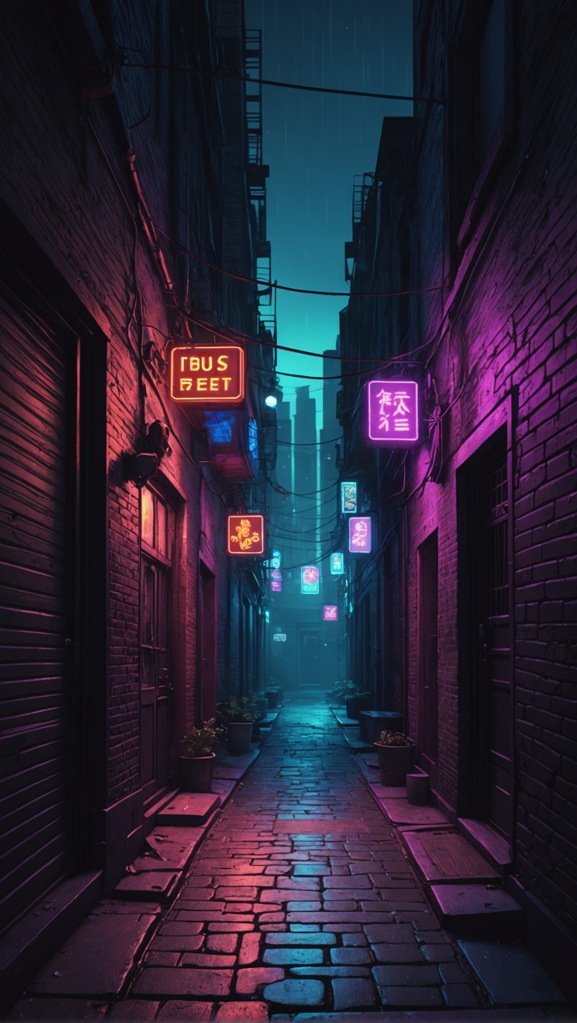 Dreamlike Neon Alleyway in Detailed Digital Painting
