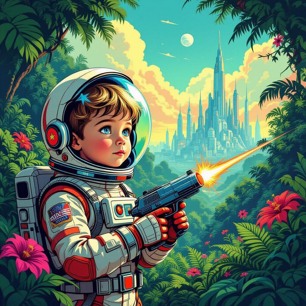 Boy Explorer in Retro Sci-Fi Comic Jungle