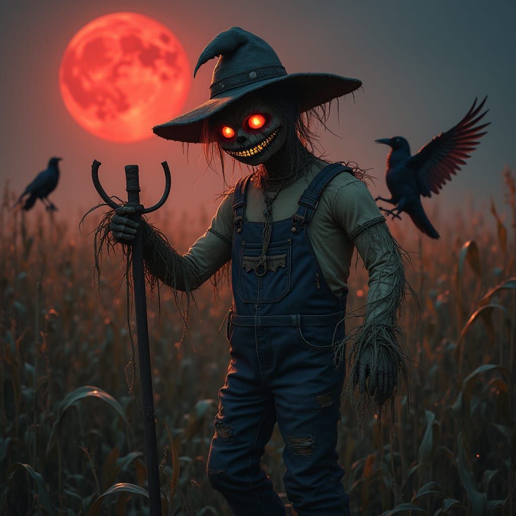 Gothic Scarecrow Under Blood Moon, Hyperdetailed Rendering
