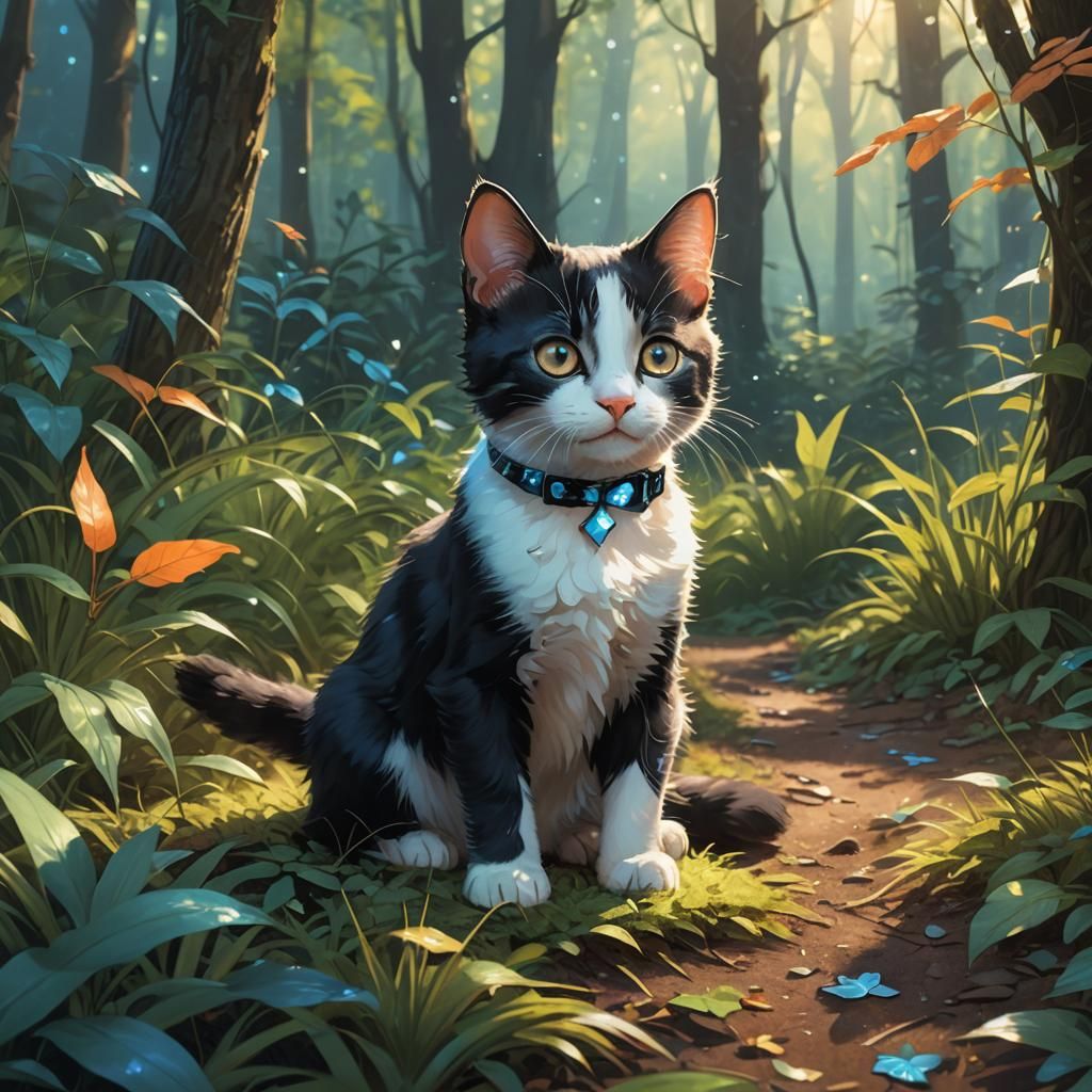 Smiling Tuxedo Kitten in Lush Forest: Fantasy Concept Art