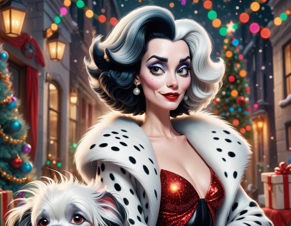 Whimsical Christmas Cruella de Vil Digital Illustration