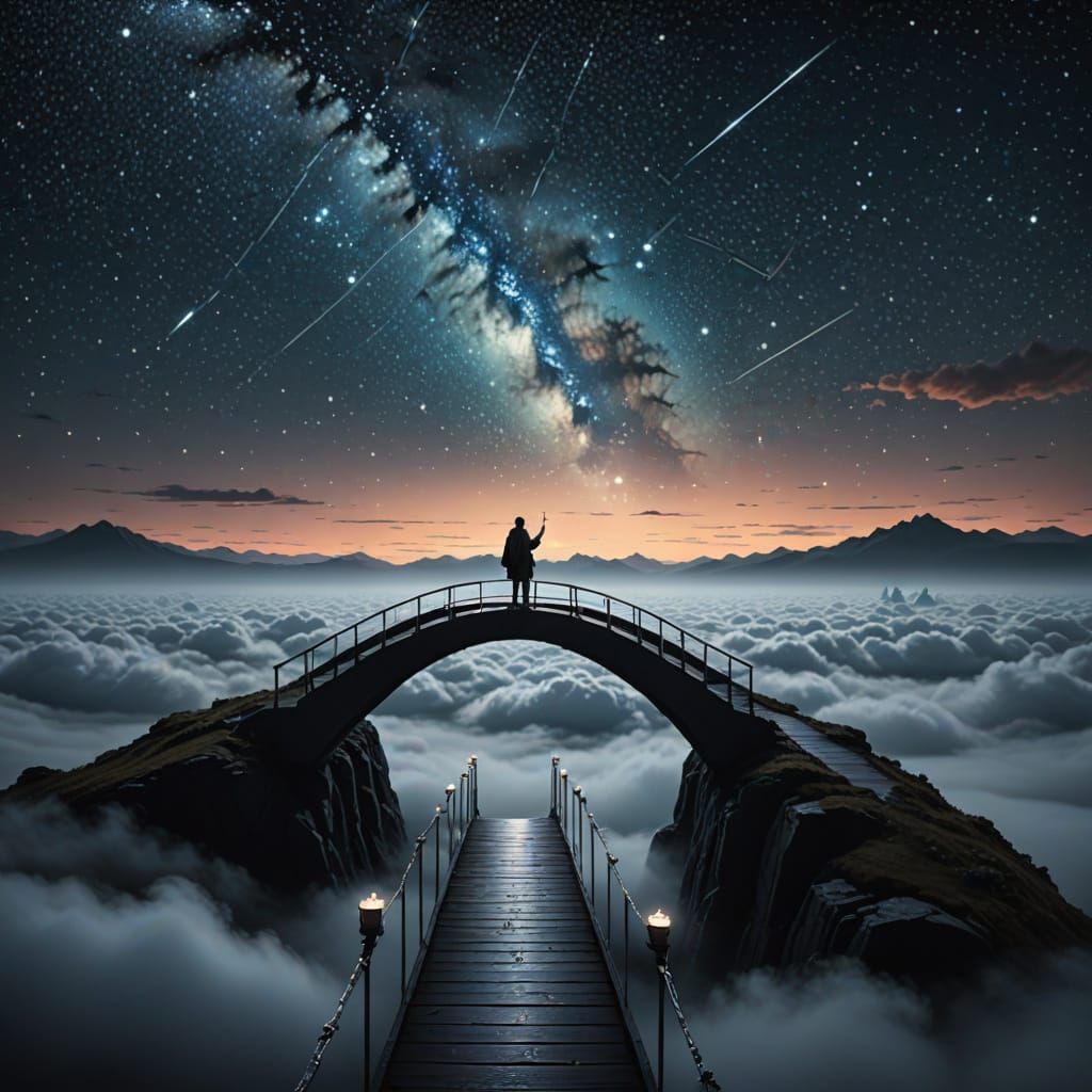 Glass Bridge Over Clouds with Starry Depths and Lone Travele...