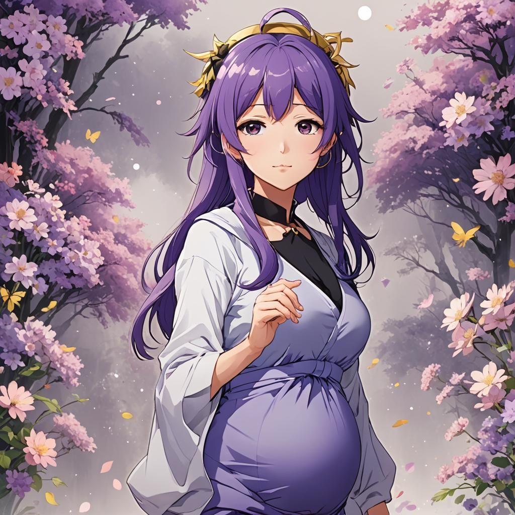 Anime Style Pregnant Woman with Purple Hair