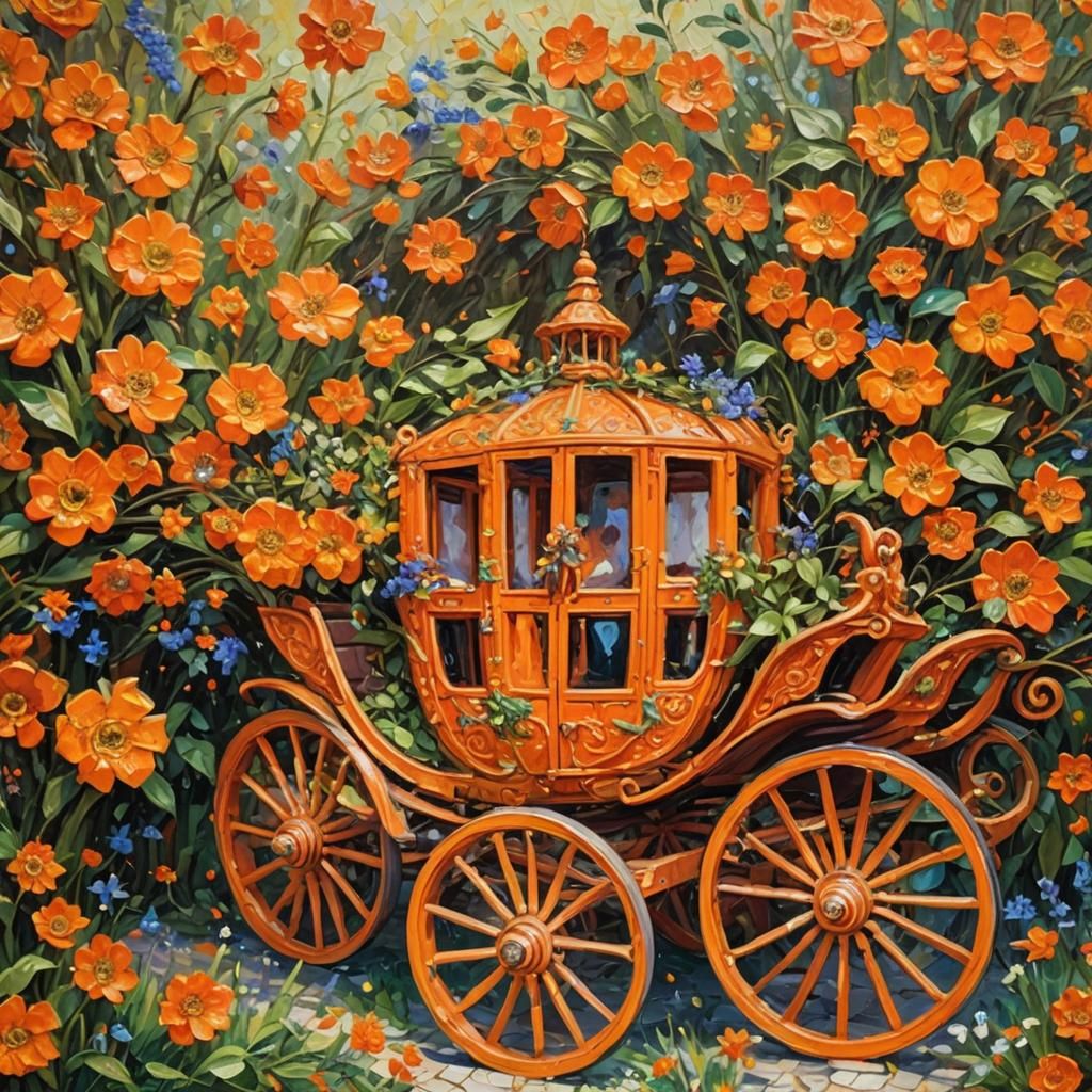 Ornate Carriage Exploding Through Flowers in Expressionist S...