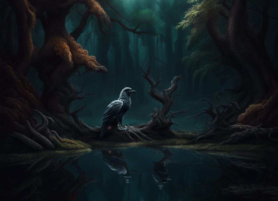 Griffin at Mysterious Lake in Dark Forest