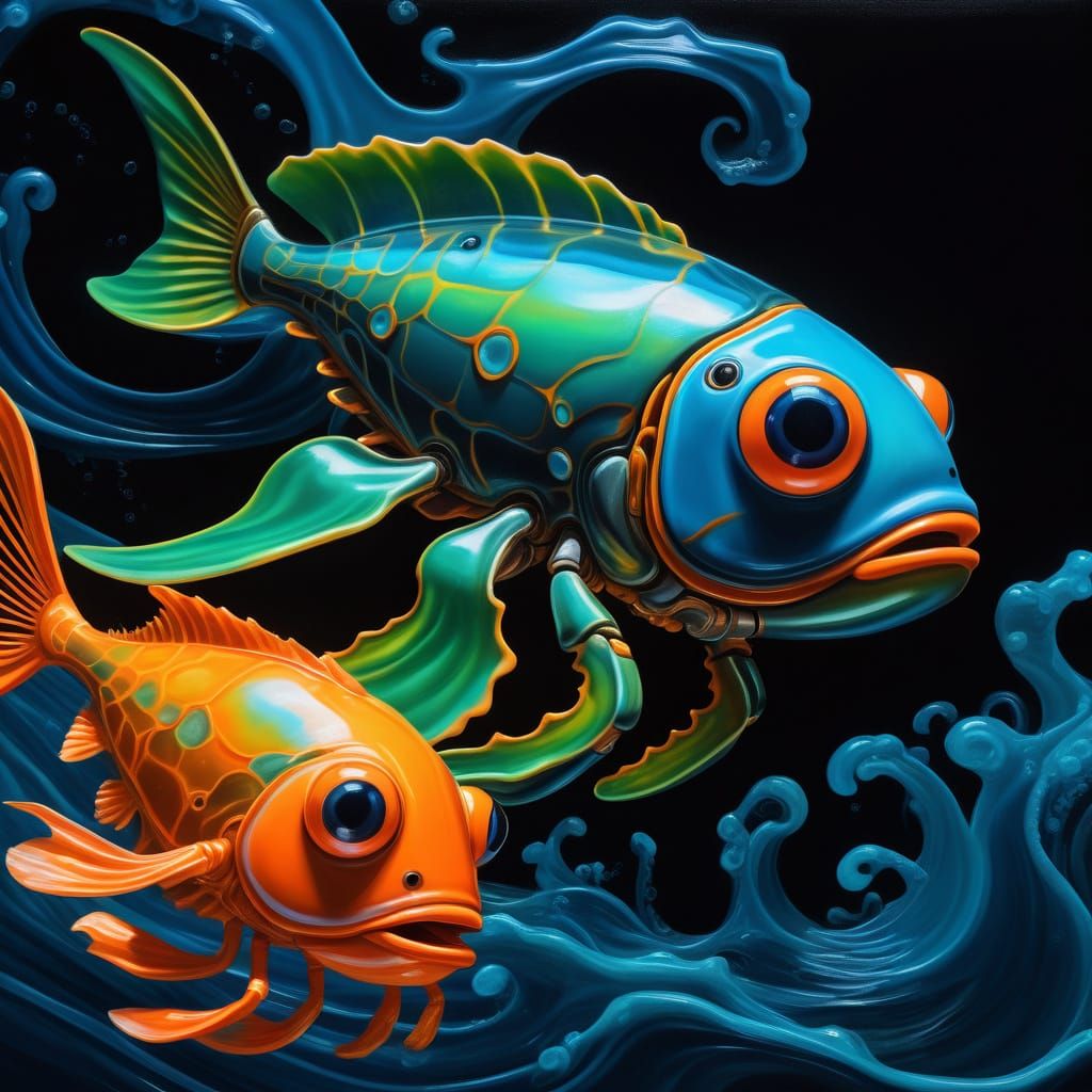 Robotic Alien Fish and Crab in Surreal Oil Painting