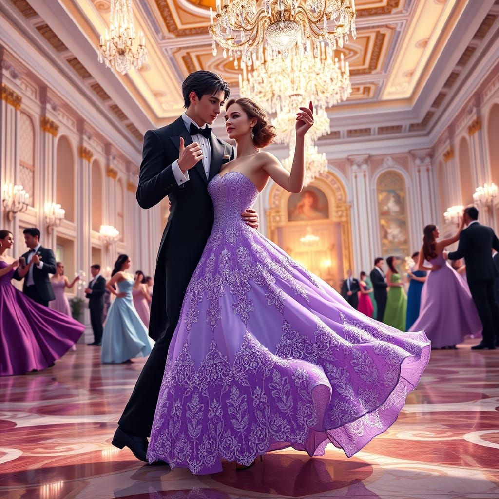 Elegant Couple Dancing in Lavender Ballgown and Black Tailco...