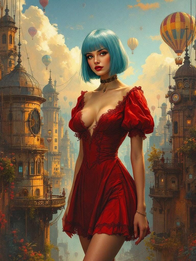 Steampunk City Stage: Woman in Impasto Style