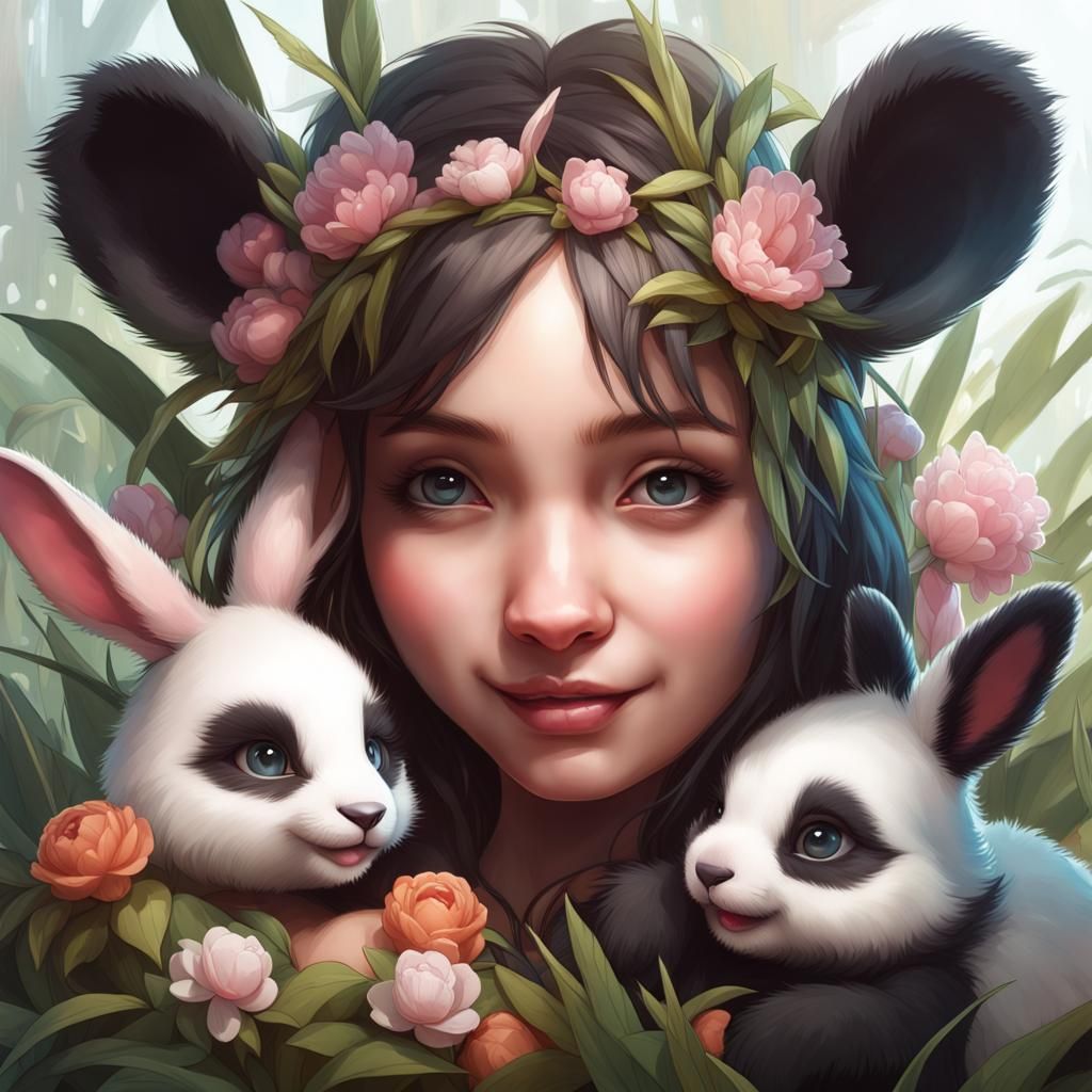 Baby Panda and Bunnies Portrait in Splash Art Style