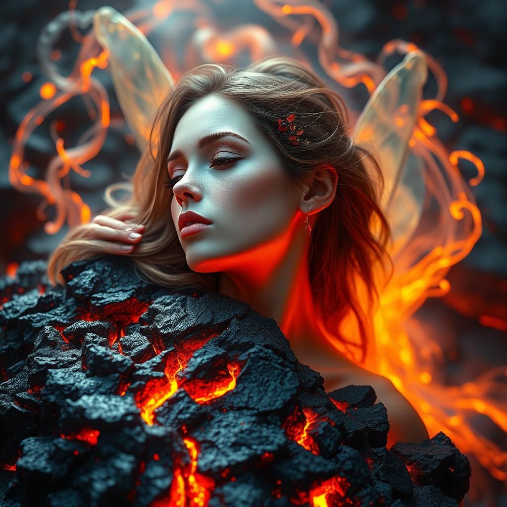 Ethereal Fairy on Volcano in Art Nouveau Style