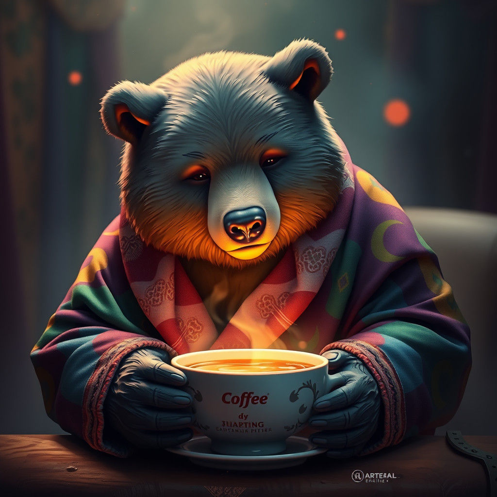 Bear in Bathrobe with Coffee: Fantasy Concept Art