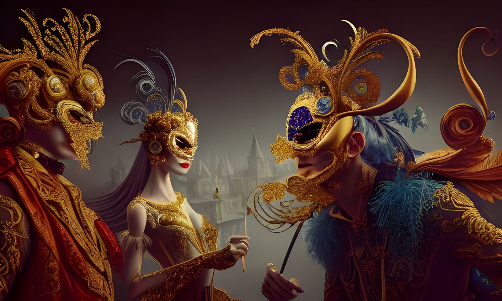 Elaborate Masquerade in Vibrant Colors, Detailed Painting