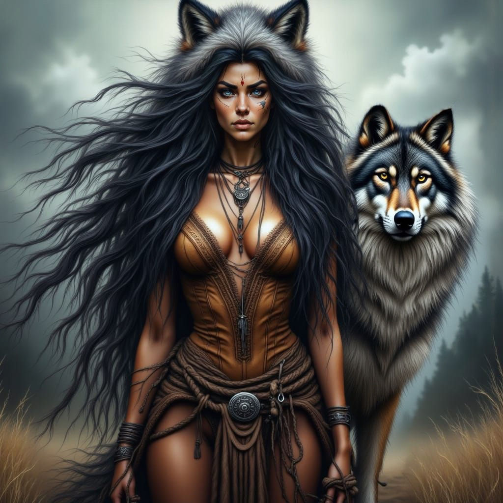 Fierce Female Warrior with Wolf in Photorealistic Style