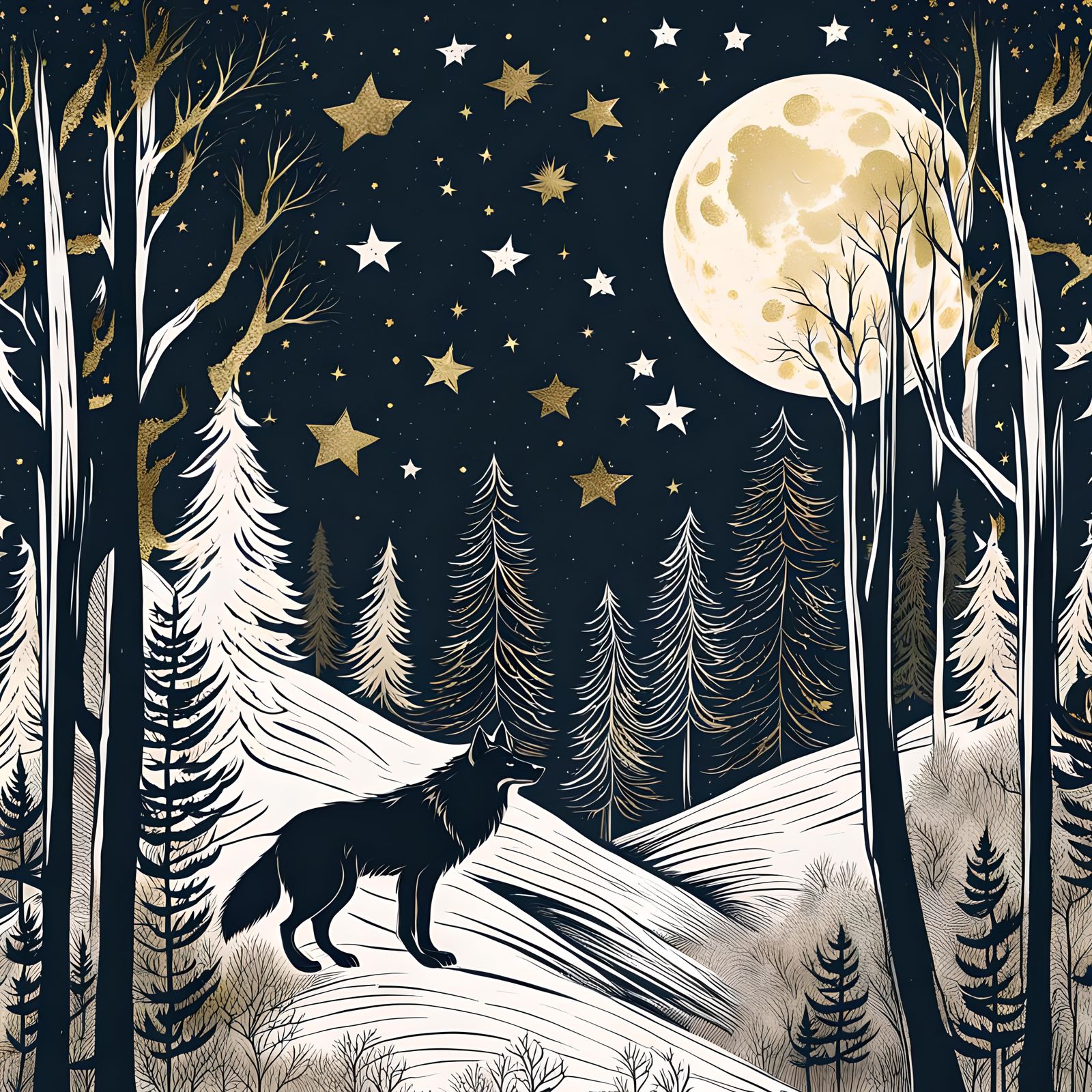 Forest Illustration with Wolf, Moon, and Stars