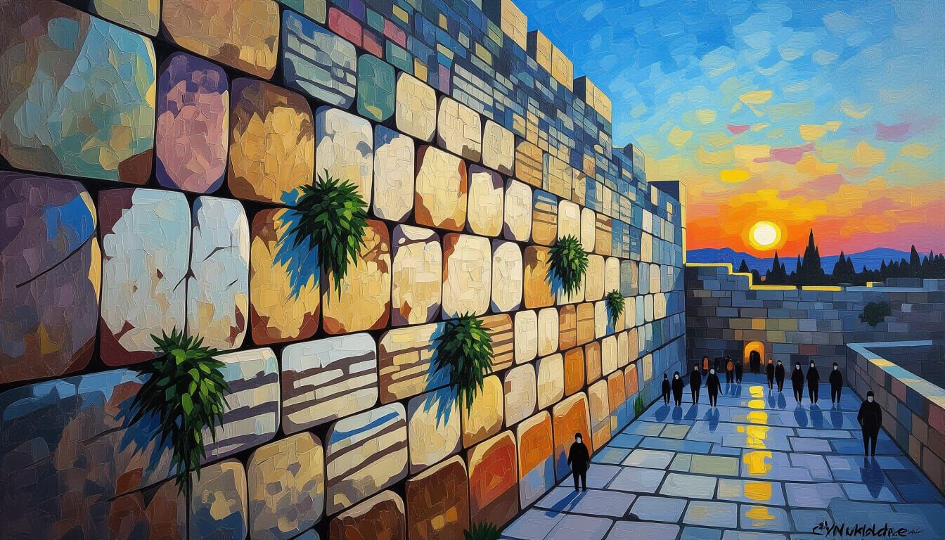 Jerusalem Western Wall Stones in Neo-Impressionist Style