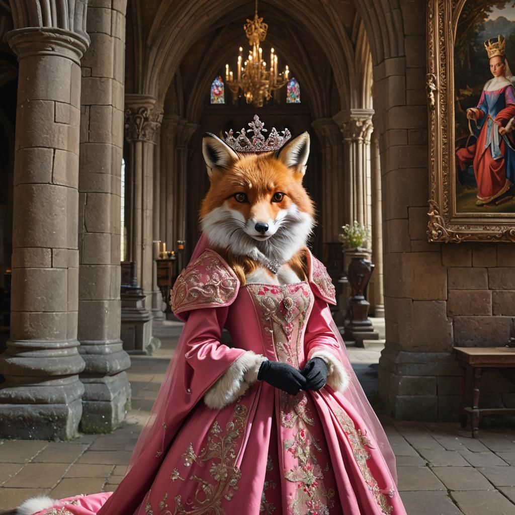 Fox in Gown at Underhill Abbey, Hyperrealistic Art