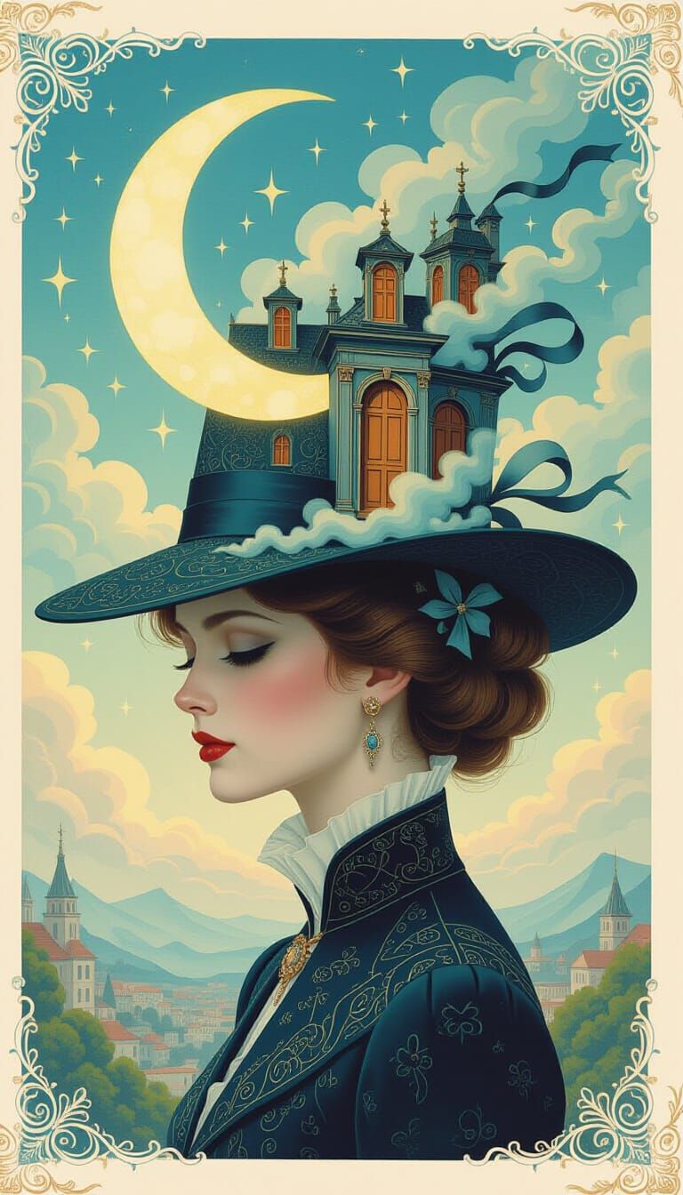 Surrealist Dreamscape Hat with Moon and Castle