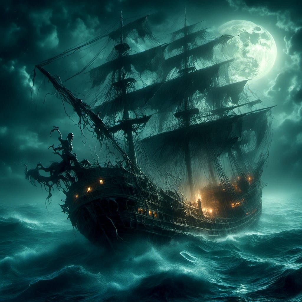 Ghost Ship and Crew on Dark Ocean