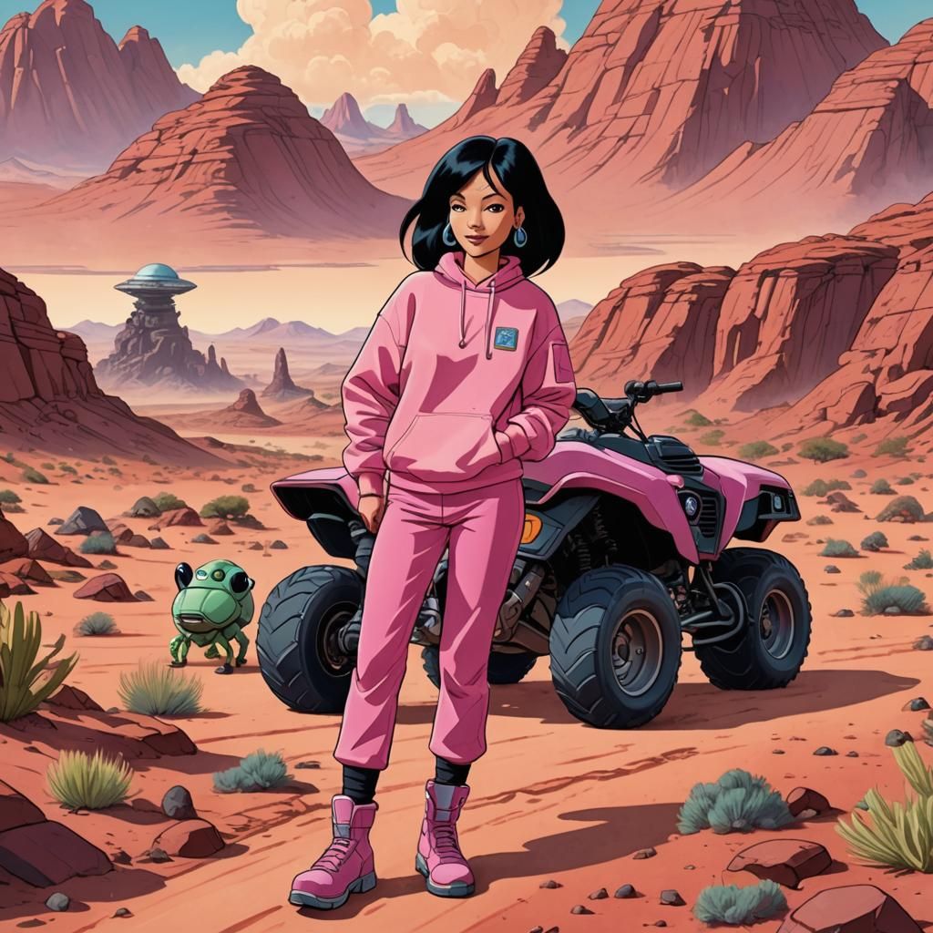 Amy Wong Rides a Mars Bug in Watercolor Style