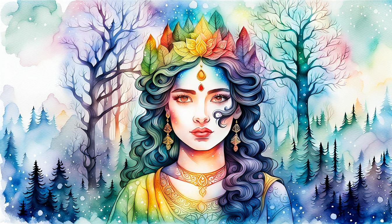 Goddess Ganga and Snow White Watercolor Portrait
