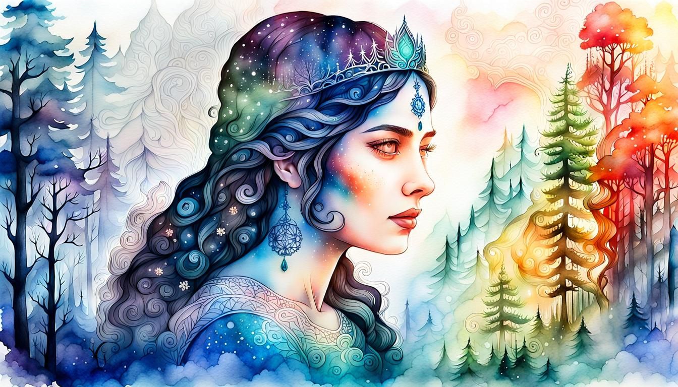 Goddess Ganga Portrait with Enchanted Forest, Watercolor