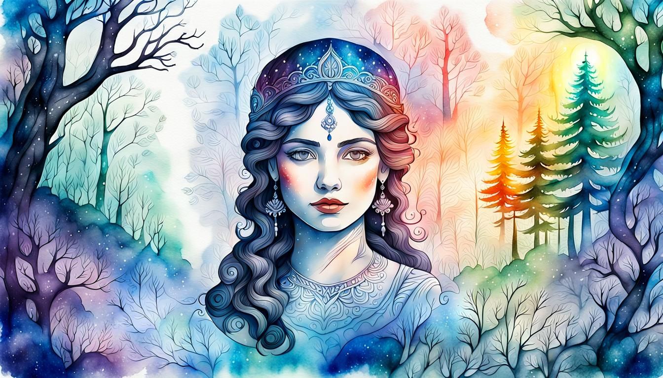 Goddess Ganga Portrait in Enchanted Forest, Watercolor