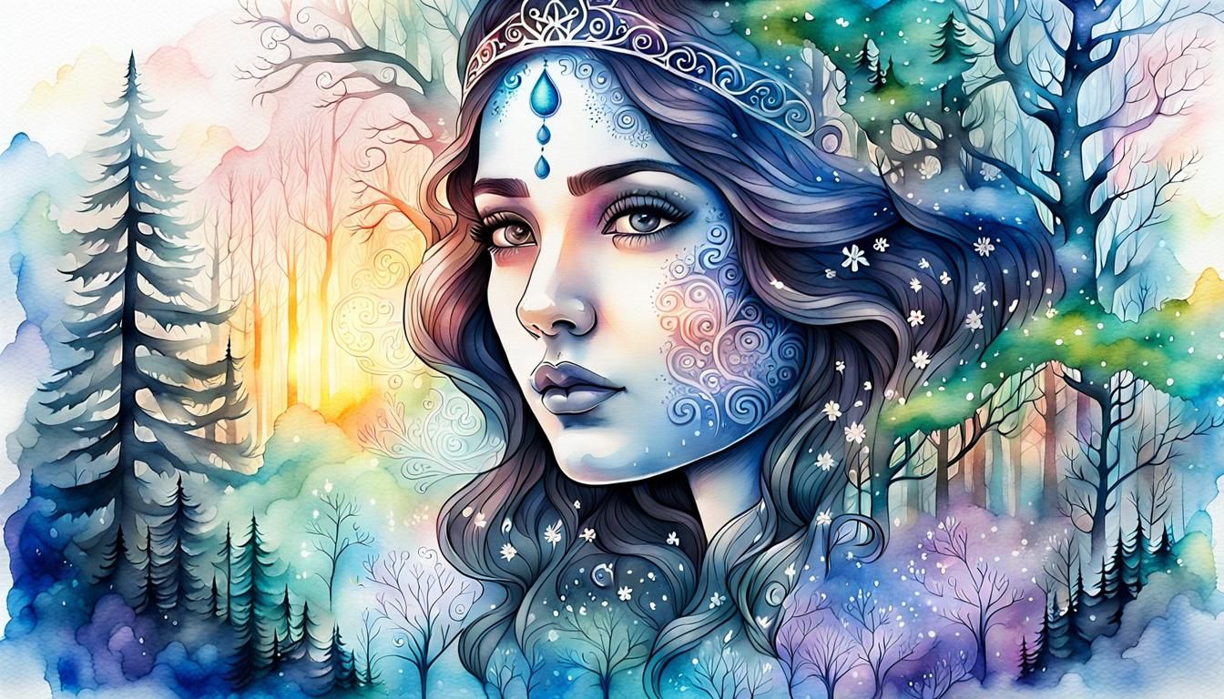 Goddess Ganga and Snow White: Watercolor Portrait