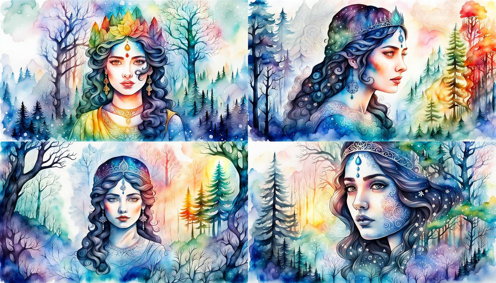 Goddess Ganga Portrait in Enchanted Forest, Watercolor