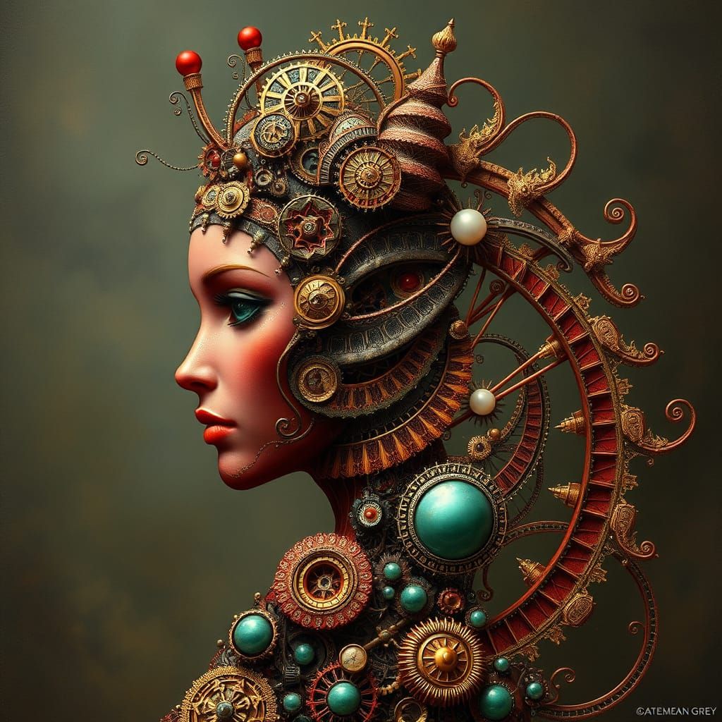 Steampunk Humanoid in Vibrant Fractal Spiral