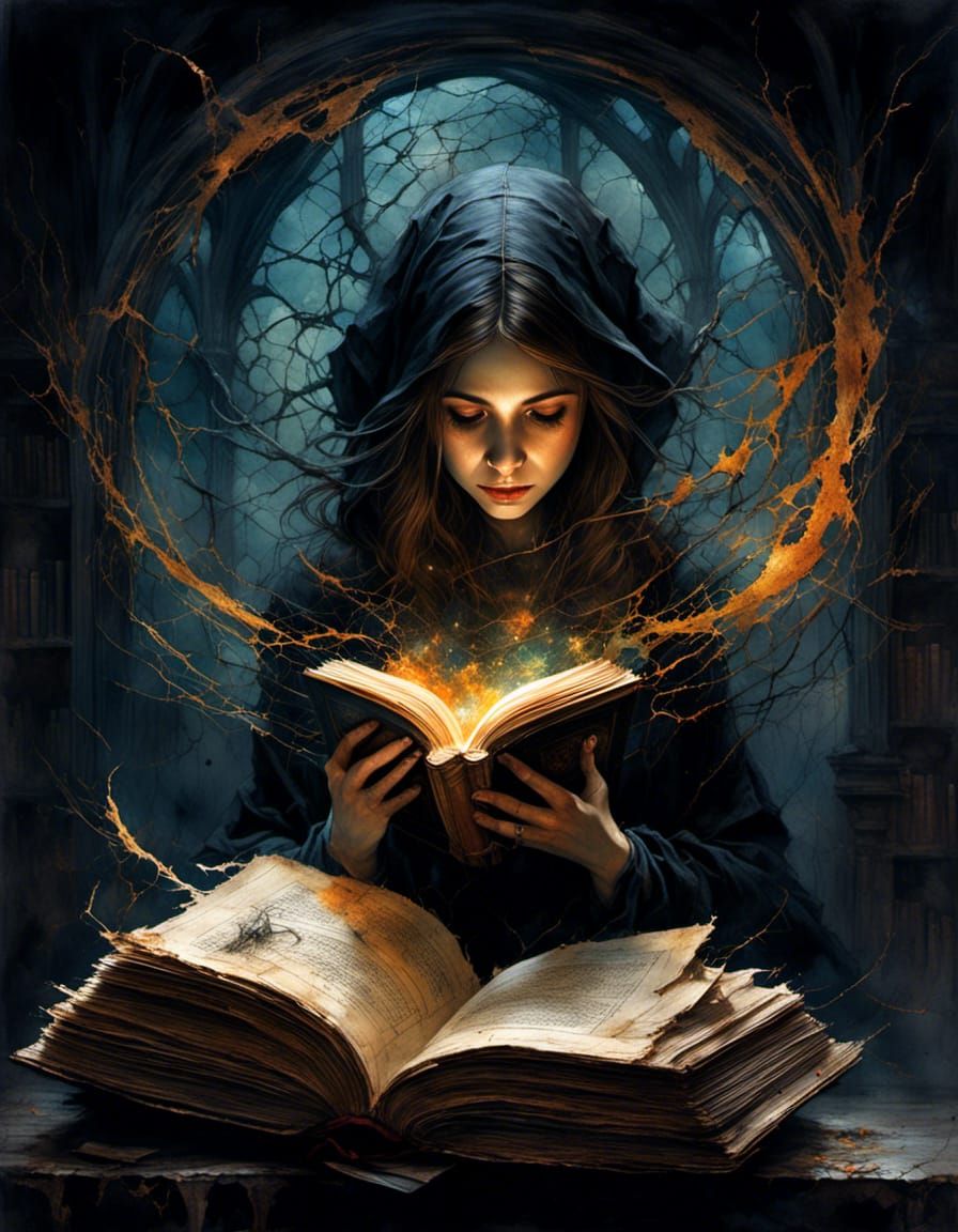 Gothic Bookworm in Spellbook, Hyperrealistic Portrait