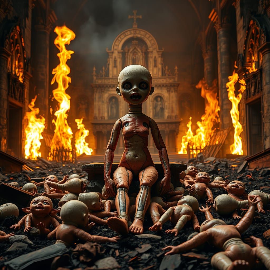Grotesque Doll Altar in Burning Church Ruins