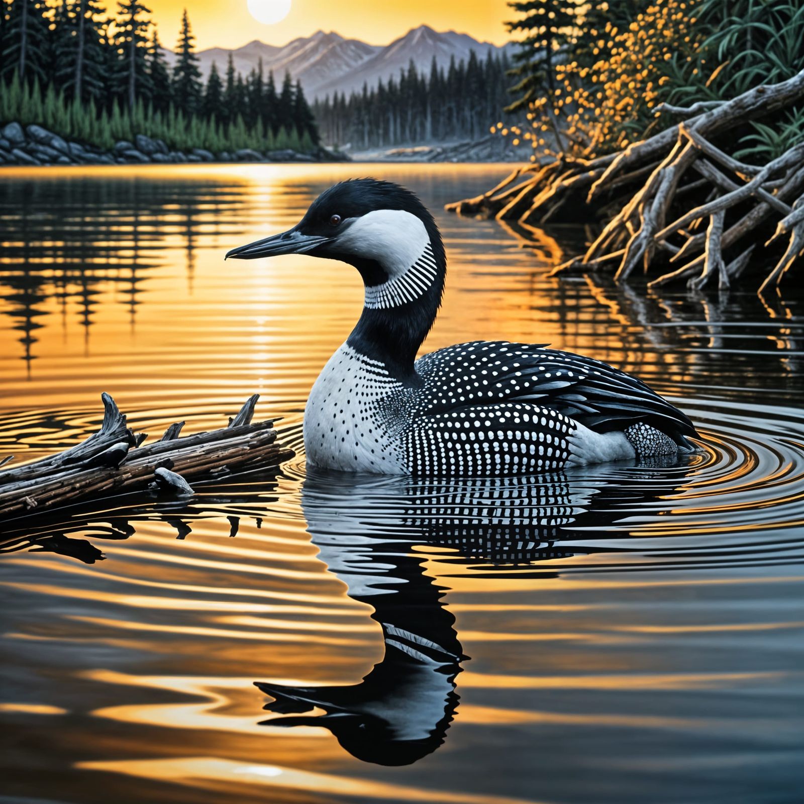 Loon Bird Floating on Reflective Water, Oil Painting