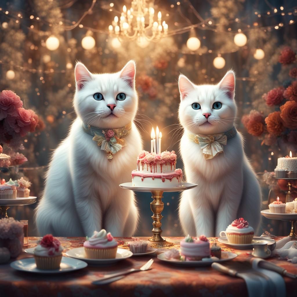 two cute white cats at birthday
