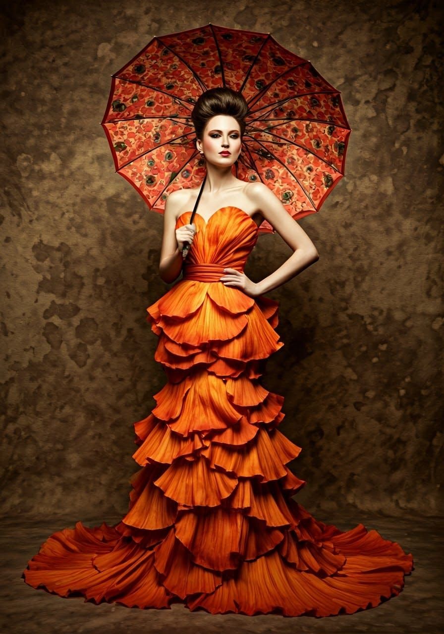 Elegant Woman Adorned in Petal-Like Dress with Floral Umbrel...